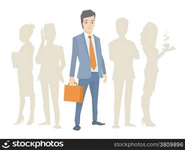 Vector illustration of a portrait of a man in a jacket lawyer with a briefcase in his hand stands in the center on a background of silhouette business team of businesspeople