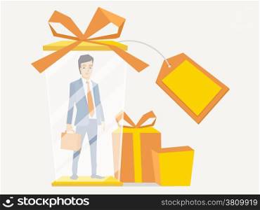 Vector illustration of a portrait of a man in a jacket lawyer with a briefcase in his hand stands in gift box on a white background