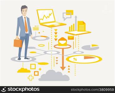 Vector illustration of a portrait of a man in a jacket lawyer with a briefcase in his hand stands on the scheme of business processes on a light background