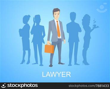 Vector illustration of a portrait of a man in a jacket lawyer with a briefcase in his hand stands in the center on blue background of silhouette business team of businesspeople