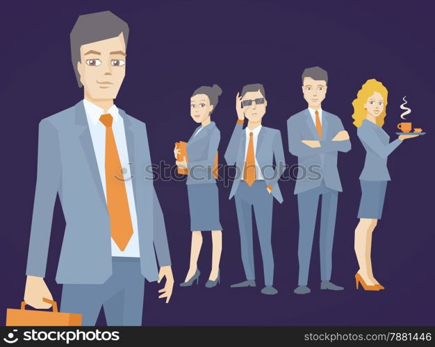 Vector illustration of a portrait of a man in a jacket lawyer with a briefcase in his hand on dark background of business team of young businesspeople