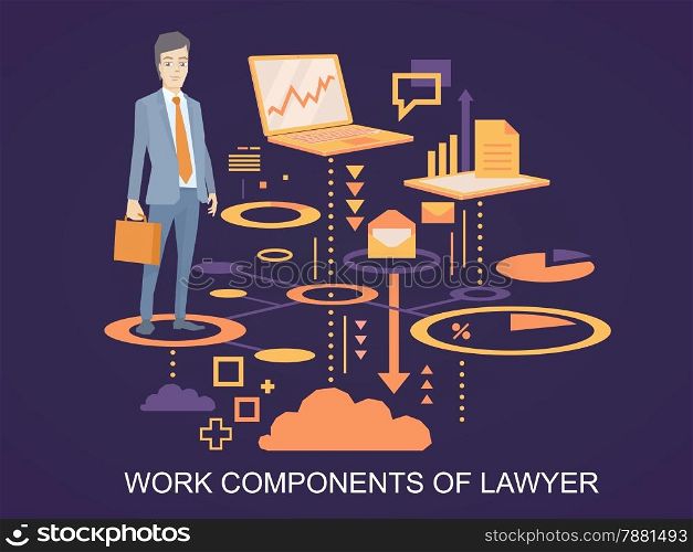 Vector illustration of a portrait of a man in a jacket lawyer with a briefcase in his hand stands on the scheme of his work components on dark background