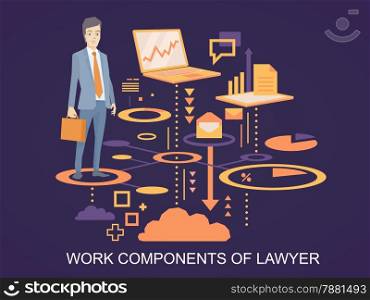 Vector illustration of a portrait of a man in a jacket lawyer with a briefcase in his hand stands on the scheme of his work components on dark background