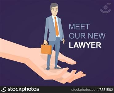 Vector illustration of a portrait of a man in a jacket lawyer with a briefcase in his hand standing on palm of the hand on dark background