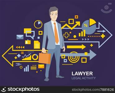 Vector illustration of a portrait of a man in a jacket lawyer with a briefcase in his hand stands near the scheme of legal activity on dark background