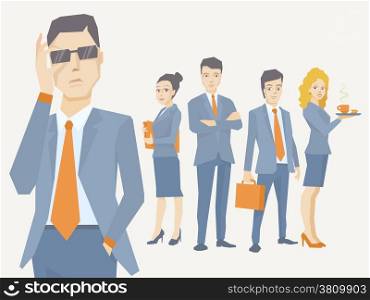 Vector illustration of a portrait of analyst man in a jacket hand holds glasses on the background of business team of young businesspeople