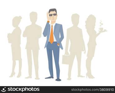 Vector illustration of a portrait of analyst man in a jacket hand holds glasses stands in the center on a background of silhouette business team of businesspeople