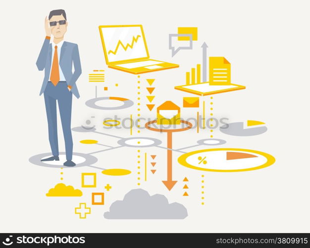 Vector illustration of a portrait of analyst man in a jacket hand holds glasses stands on the scheme of business processes on light background