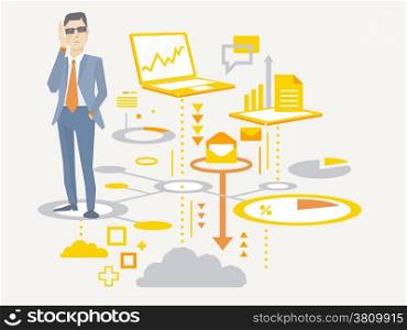 Vector illustration of a portrait of analyst man in a jacket hand holds glasses stands on the scheme of business processes on light background