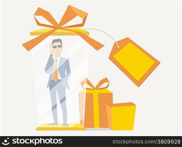 Vector illustration of a portrait of analyst man in a jacket hand holds glasses stands in gift box on a white background
