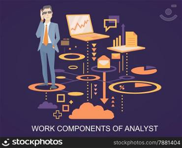 Vector illustration of a portrait of analyst man in a jacket hand holds glasses stands on the scheme of his work components on dark background