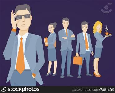 Vector illustration of a portrait of analyst man in a jacket hand holds glasses on dark background of business team of young businesspeople