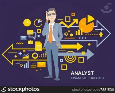 Vector illustration of a portrait of analyst man in a jacket hand holds glasses stands near the scheme of financial forecast on dark background