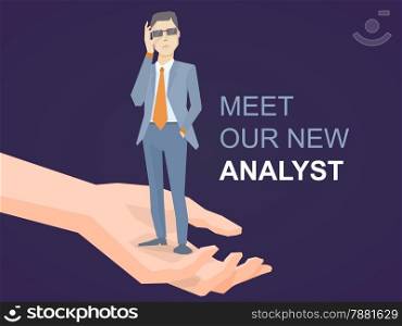 Vector illustration of a portrait of analyst man in a jacket hand holds glasses standing on palm of the hand on dark background