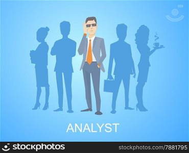 Vector illustration of a portrait of analyst man in a jacket hand holds glasses stands in the center on blue background of silhouette business team of businesspeople