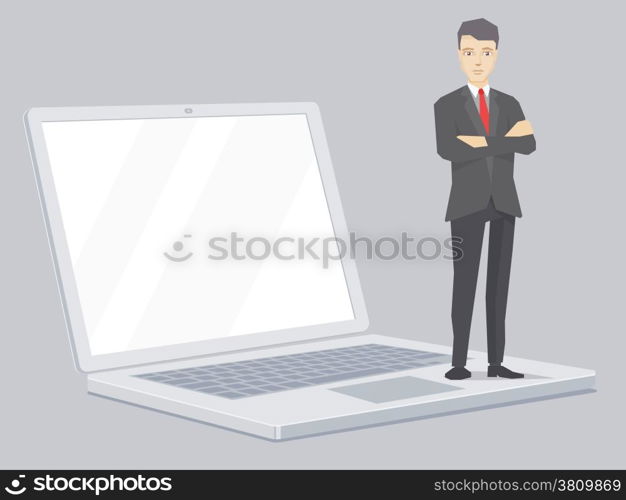 Vector illustration of a portrait of miniature leader of a businessman wearing a jacket with clasped hands on his chest stands on the notebook on grey background