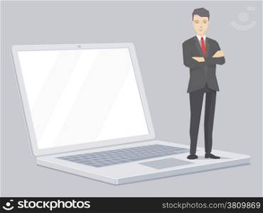 Vector illustration of a portrait of miniature leader of a businessman wearing a jacket with clasped hands on his chest stands on the notebook on grey background