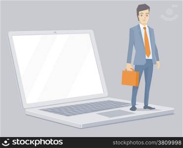 Vector illustration of a portrait of miniature man in a jacket lawyer with a briefcase in his hand stands on the notebook on grey background