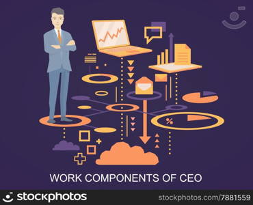 Vector illustration of a portrait of the ceo wearing a jacket with clasped hands on his chest stands on his work components on dark background