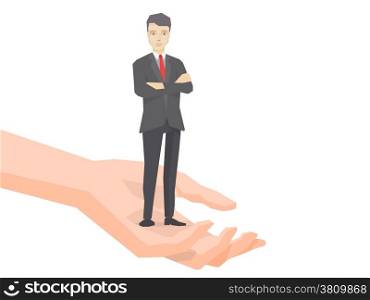 Vector illustration of a portrait of the leader businessman wearing a jacket with clasped hands on his chest standing together on palm of the hand on white background