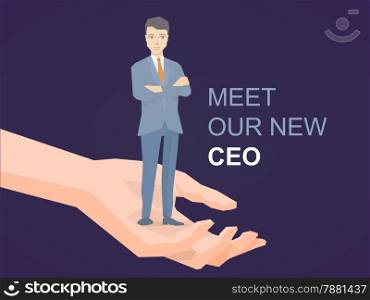 Vector illustration of a portrait of the leader businessman wearing a jacket with clasped hands on his chest standing on palm of the hand on dark background