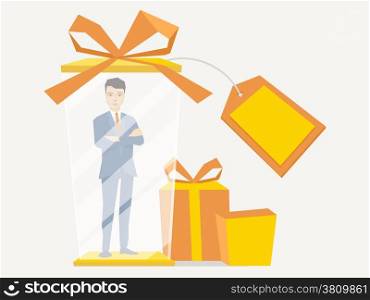 Vector illustration of a portrait of the leader of a businessman wearing a jacket with clasped hands on his chest stands in gift box on a white background