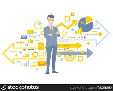 Vector illustration of a portrait of the leader of a businessman wearing a jacket with clasped hands on his chest stands near the scheme of business processes on white background