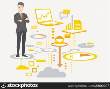 Vector illustration of a portrait of the leader of a businessman wearing a jacket with clasped hands on his chest stands on the scheme of business processes on light background