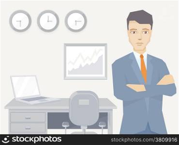 Vector illustration of a portrait of the leader of a businessman wearing a jacket with clasped hands on his chest stands on office background