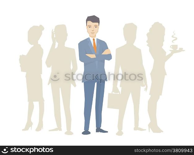 Vector illustration of a portrait of the leader of a businessman wearing a jacket with clasped hands on his chest stands in the center on the background of silhouette business team of businesspeople
