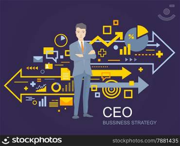 Vector illustration of a portrait of the leader of a businessman wearing a jacket with clasped hands on his chest stands near the scheme of business strategy on dark background
