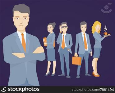 Vector illustration of a portrait of the leader of a businessman wearing a jacket with clasped hands on his chest on dark background of business team of young businesspeople