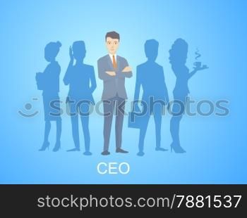 Vector illustration of a portrait of the leader of a businessman wearing a jacket with clasped hands on his chest stands in the center on the blue background of silhouette business team of businesspeople