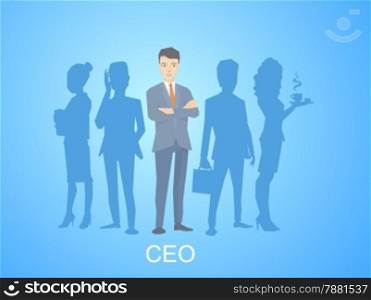 Vector illustration of a portrait of the leader of a businessman wearing a jacket with clasped hands on his chest stands in the center on the blue background of silhouette business team of businesspeople