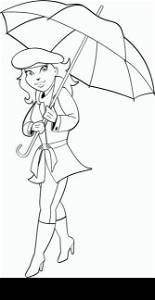 Vector illustration of a pretty blonde girl with an open umbrella smiling and walking