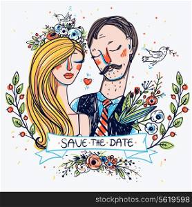 vector illustration of a pretty bride and a groom with floral decorations