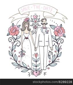 vector illustration of a pretty couple and blooming roses for wedding design