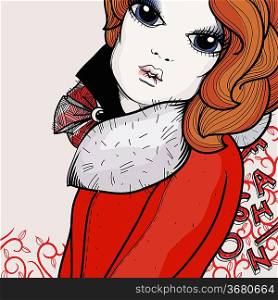 vector illustration of a pretty girl in a red coat with a fashion neckpiece
