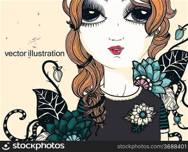 vector illustration of a pretty girl with fantasy blooming flowers