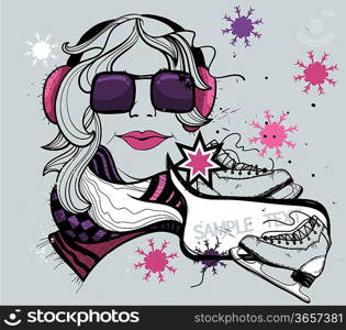 vector illustration of a pretty girl with skates and colorful snowflakes