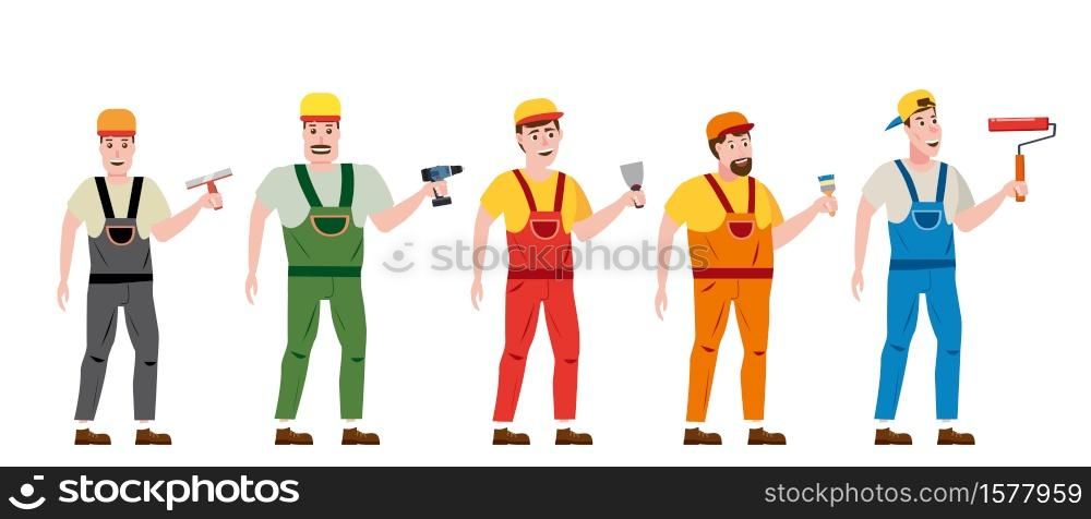Vector illustration of a professional painter, he has a brush. Set professional workers with with spatula, electric screwdriver, brush, roller, character, uniform Vector illustration, isolated. Construction industry, repair, new home, building interior