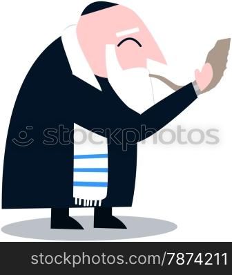 Vector illustration of a Rabbi with Talit blows the shofar the Jewish holiday Yom Kippur.&#xA;