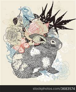 vector illustration of a rabbit, birds , butterflies and an abstract man