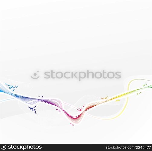Vector illustration of a rainbow wave with lined art flows and colorful bubbles.