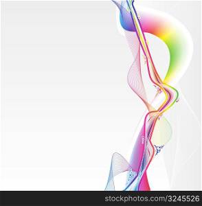 Vector illustration of a rainbow wave with lined art flows and colorful bubbles.