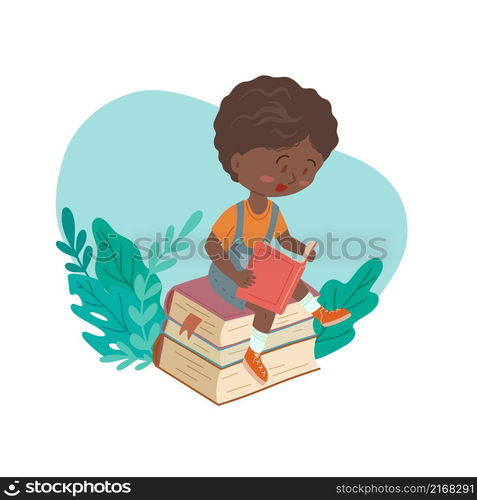 Vector illustration of a reading African boy sitting on a stack of books with plants. Education for everyone. Cartoon style.. Vector illustration of a reading African boy sitting on a stack of books with plants. Education for everyone.