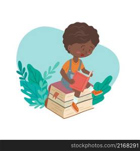 Vector illustration of a reading African boy sitting on a stack of books with plants. Education for everyone. Cartoon style.. Vector illustration of a reading African boy sitting on a stack of books with plants. Education for everyone.