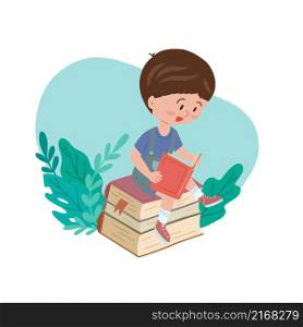 Vector illustration of a reading boy sitting on a stack of books with plants on background. Schooling for everyone. Educational hobby. Cartoon flat hand drawn style.. Vector illustration of a reading boy sitting on a stack of books with plants on background. Schooling for everyone. Educational hobby.