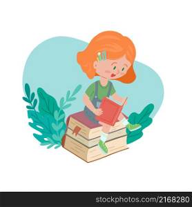 Vector illustration of a reading girl sitting on a stack of books with plants on background. Schooling for everyone. Educational hobby. Child artoon flat hand drawn style.. Vector illustration of a reading girl sitting on a stack of books with plants on background. Schooling for everyone. Educational hobby.