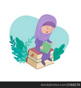 Vector illustration of a reading muslim girl in paranja sitting on a stack of books with plants. Education for everyone. Flat hand drawn cartoon style.. Vector illustration of a reading muslim girl in paranja sitting on a stack of books with plants. Education for everyone.